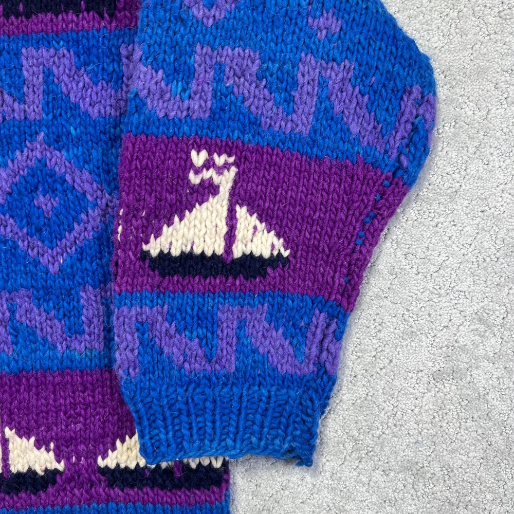 Vintage Hand Made Wool Sweater L/XL?? Sailboat Nautical Knit Blue Chunky Ecuador - Picture 8 of 16